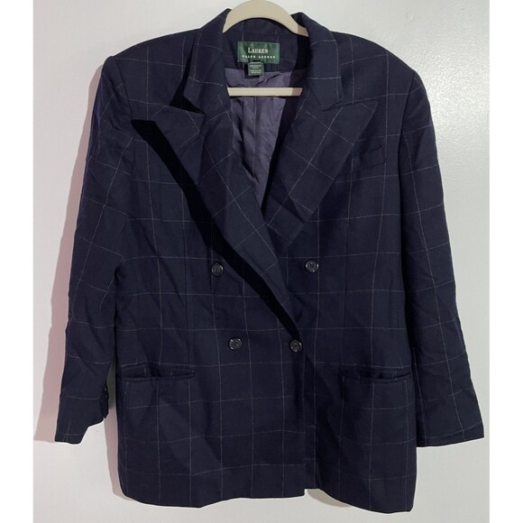 Vtg Ralph Lauren Blazer 14 Blue Wool Windowpane Double Breast Classic Office USA - Picture 1 of 15